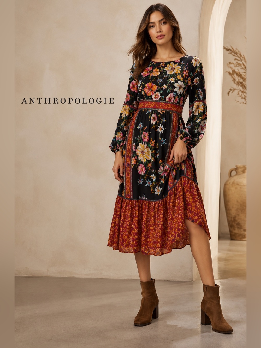 Anthropologie Adair Velvet Trimmed Floral Midi Dress Black Multi $198 US 4 Boho